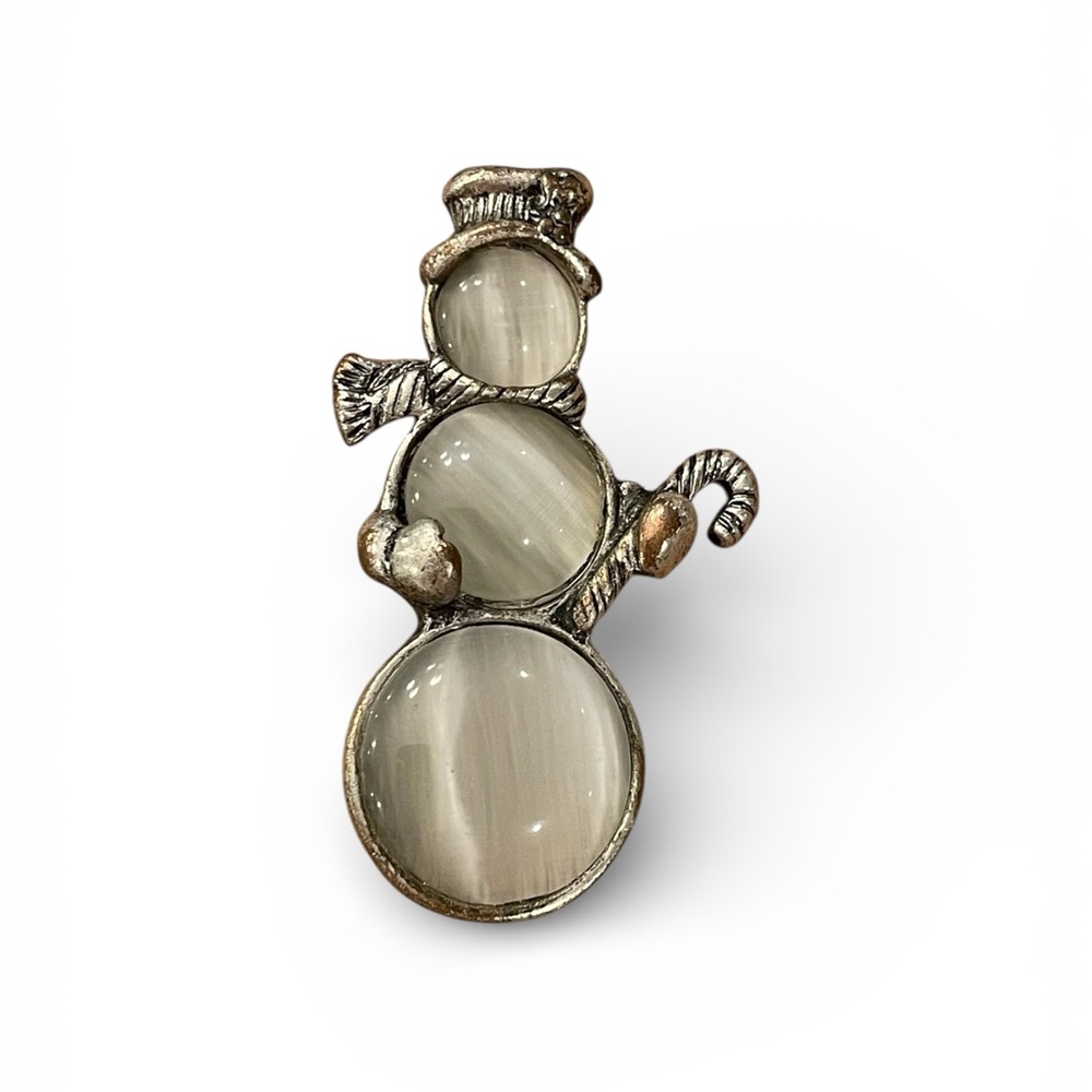 Silver Tone Cabochon Snowman Pin Brooch Vintage Estate Christmas Festive Winter